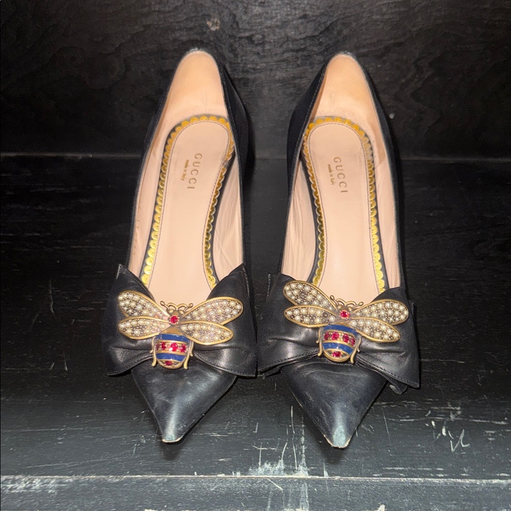 Gucci Black Heels with Embellished Bee Design